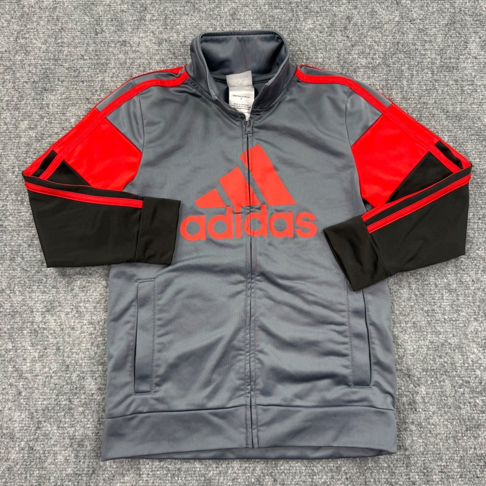 Kids Adidas‎ Track Jacket Gray Red Black Logo Full Zip Size 7 Polyester